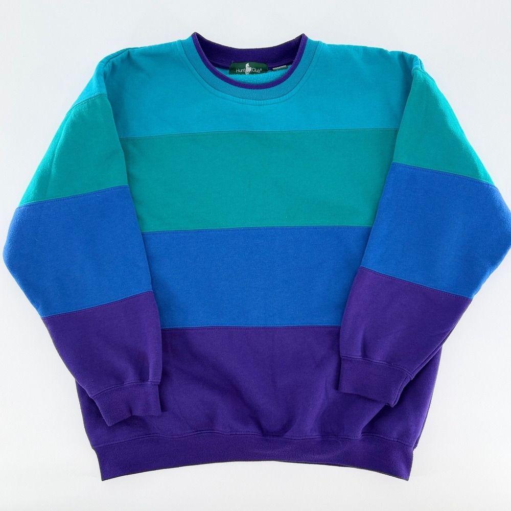 HUNT CLUB Vintage Colorblock Sweatshirt Teal Blue Purple Striped Pullover Large